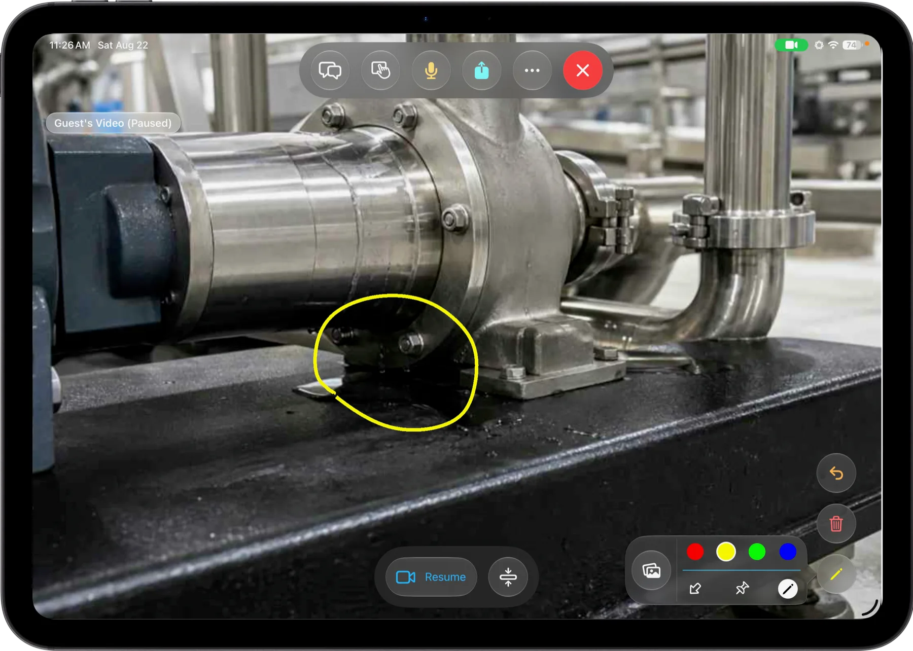 Live view on iPad: a yellow circle on the leak, and the tools to annotate.