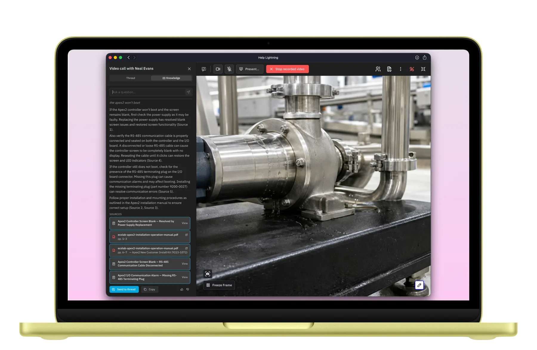 A live view and manuals open in Help Lightning on a MacBook.
