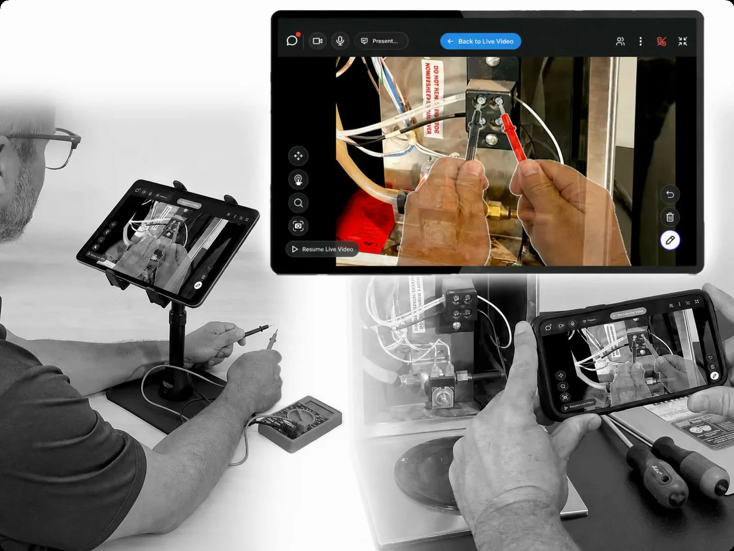 A technician works from a tablet while Merged Reality puts the expert’s hands on the equipment.