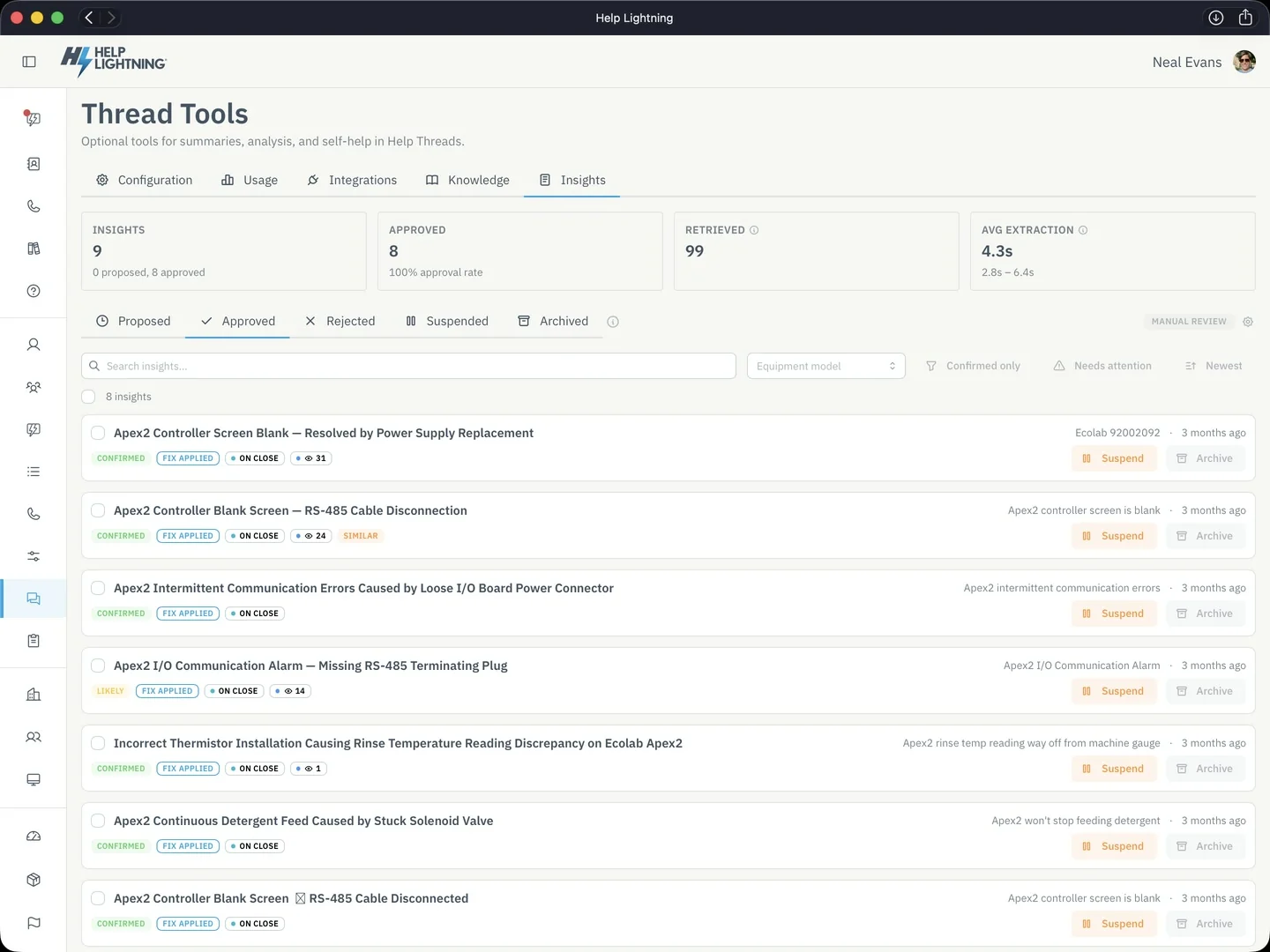 Approved Insights from closed Threads: the symptom, the fix, and who reviewed it.